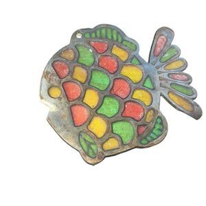 vintage mid century Taiwan stained glass and brass metal trivet fish